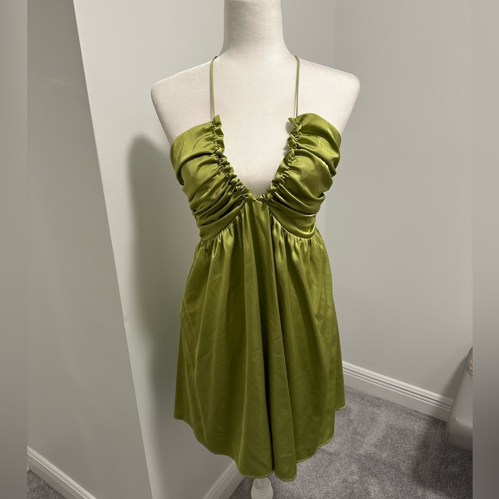 Abercrombie & Fitch | lettuce green satin ruffle halter dress